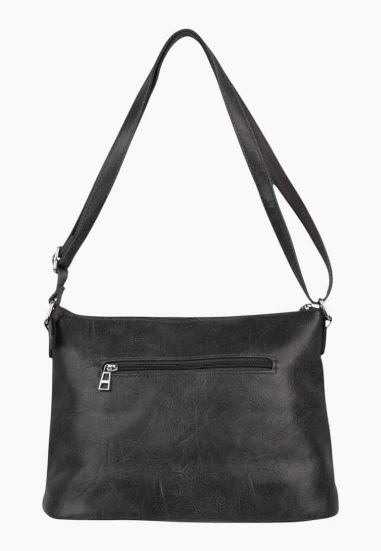 Falio black faux leather crossbody bag with an adjustable shoulder strap and a convenient exterior zipper pocket.