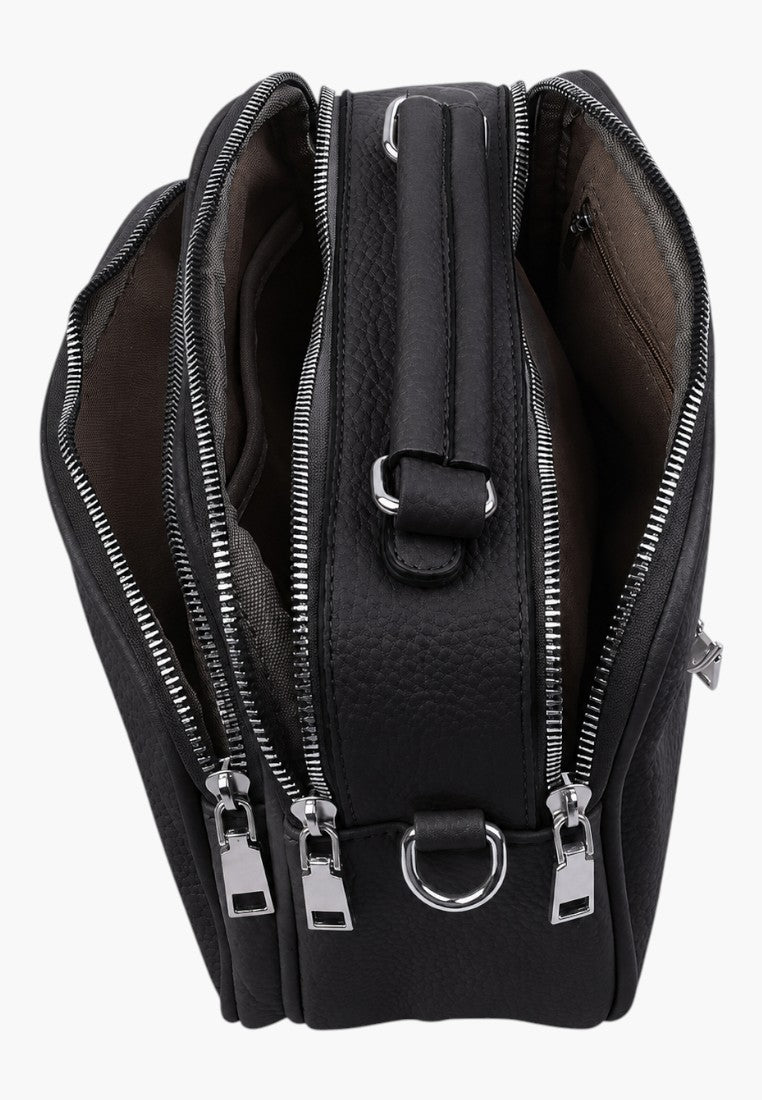 Falio black faux leather crossbody bag with multiple zippered compartments and silver hardware