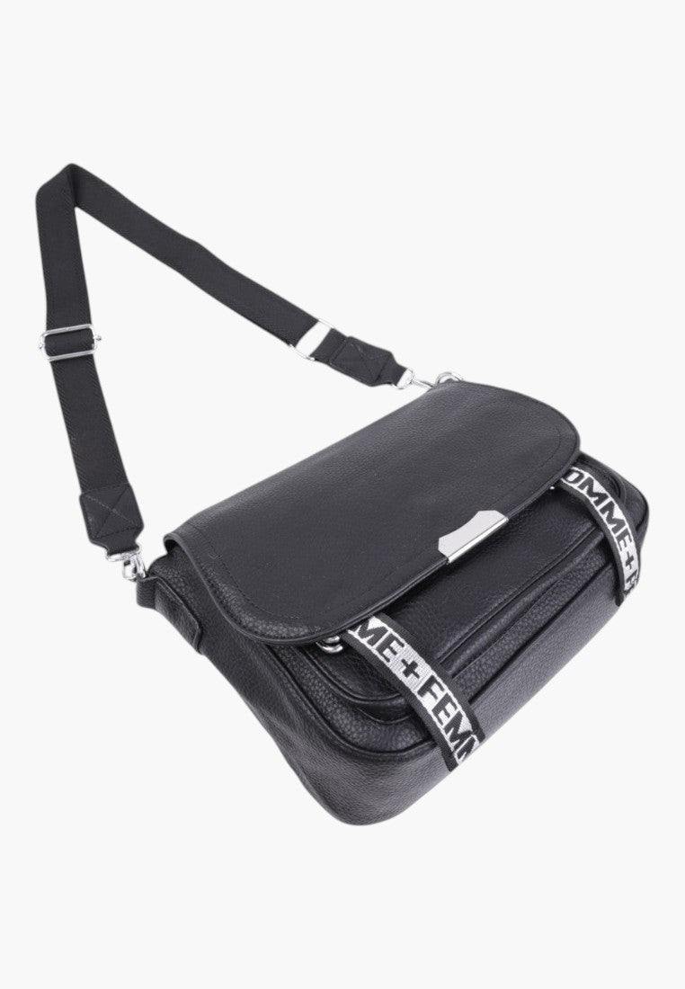 Falio black faux leather crossbody bag with a flap closure and branded strap detail for a stylish urban look.