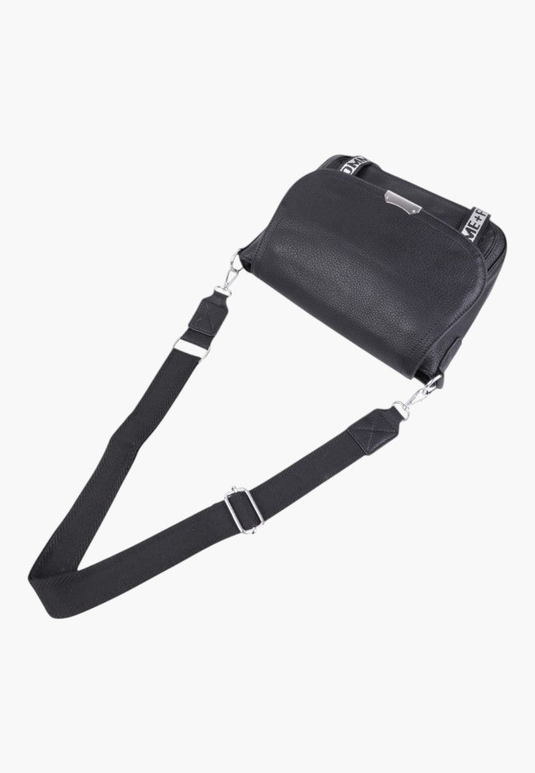 Falio black faux leather crossbody bag with adjustable strap and decorative branded webbing detail