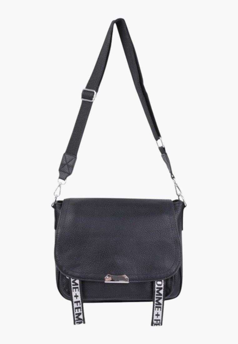 Falio black faux leather crossbody bag with a flap closure, adjustable strap, and decorative branded ribbon accents.