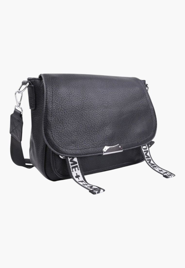 Falio black faux leather crossbody bag with a flap closure, silver hardware, and decorative branded ribbon straps.