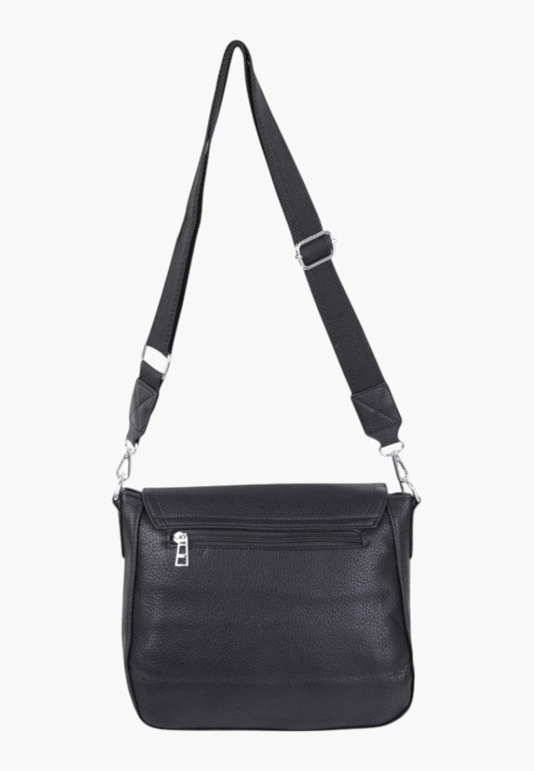 Falio black faux leather crossbody bag with an adjustable shoulder strap and zippered back pocket
