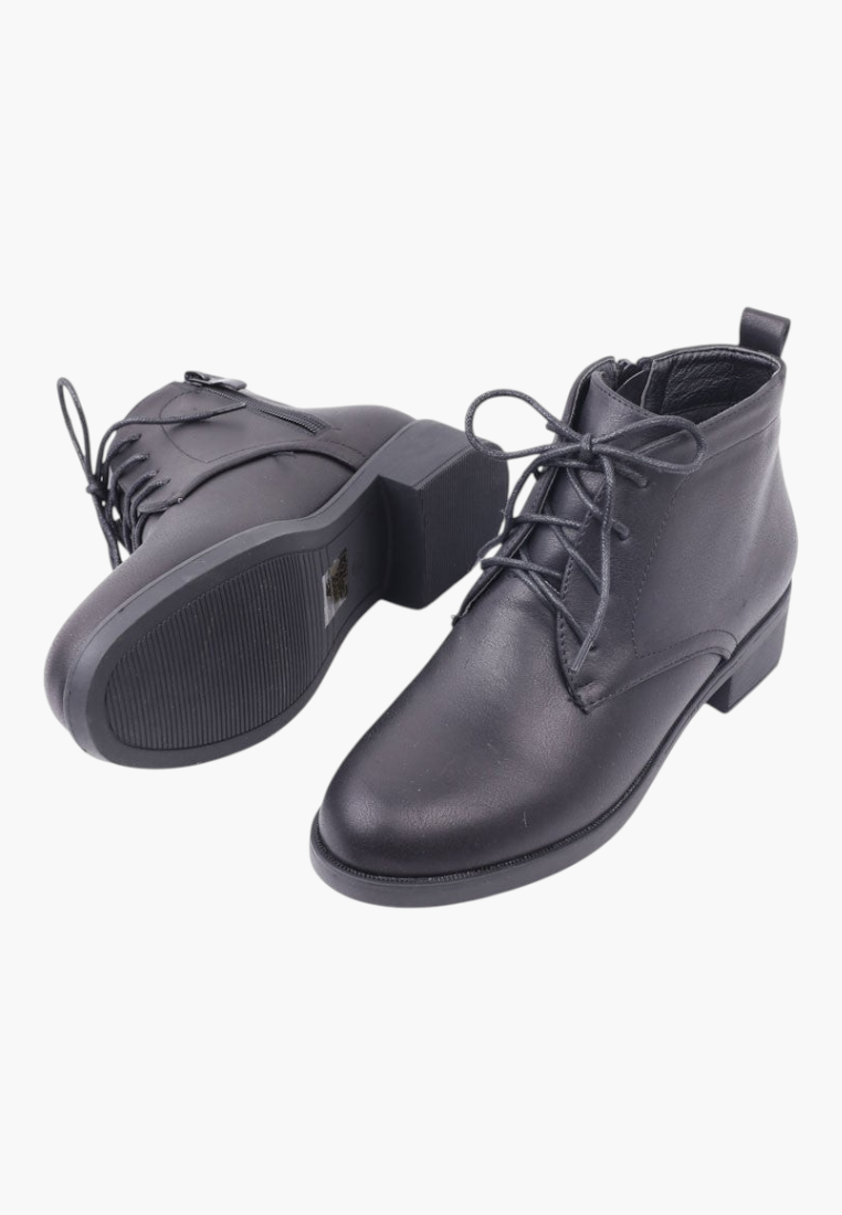 Falio black faux leather lace-up ankle boots with a low block heel and side zipper closure