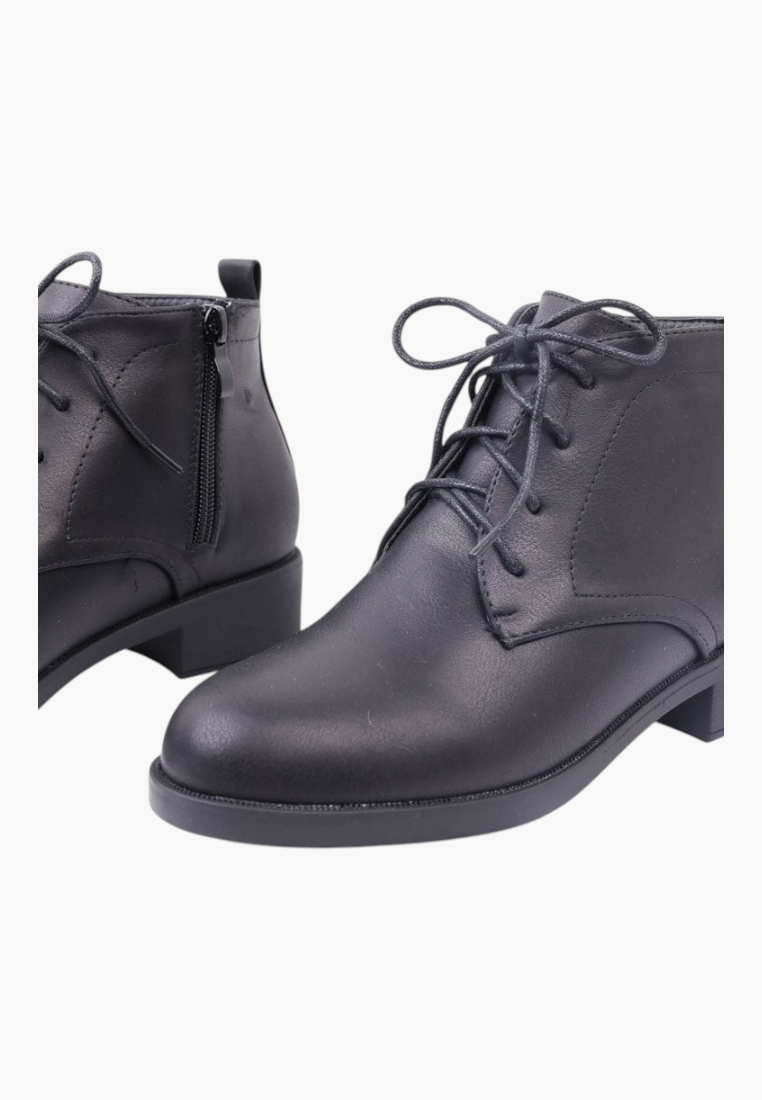 Falio black faux leather lace-up ankle boots with side zipper and block heel