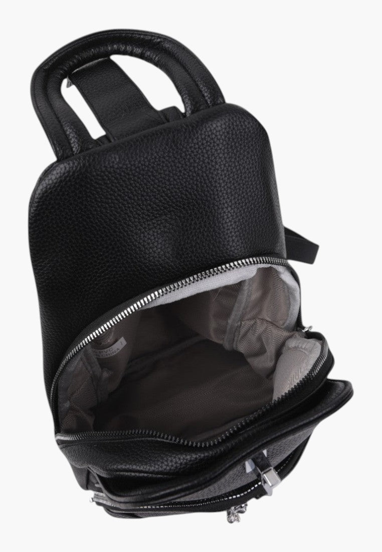Falio black faux leather urban mini backpack with a zippered main compartment and top carry handle