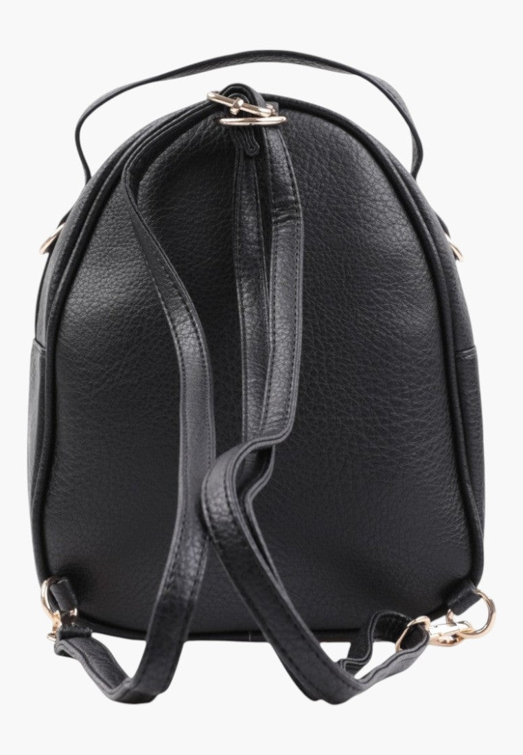 Falio black faux leather urban mini backpack with adjustable straps and gold-tone hardware, back view