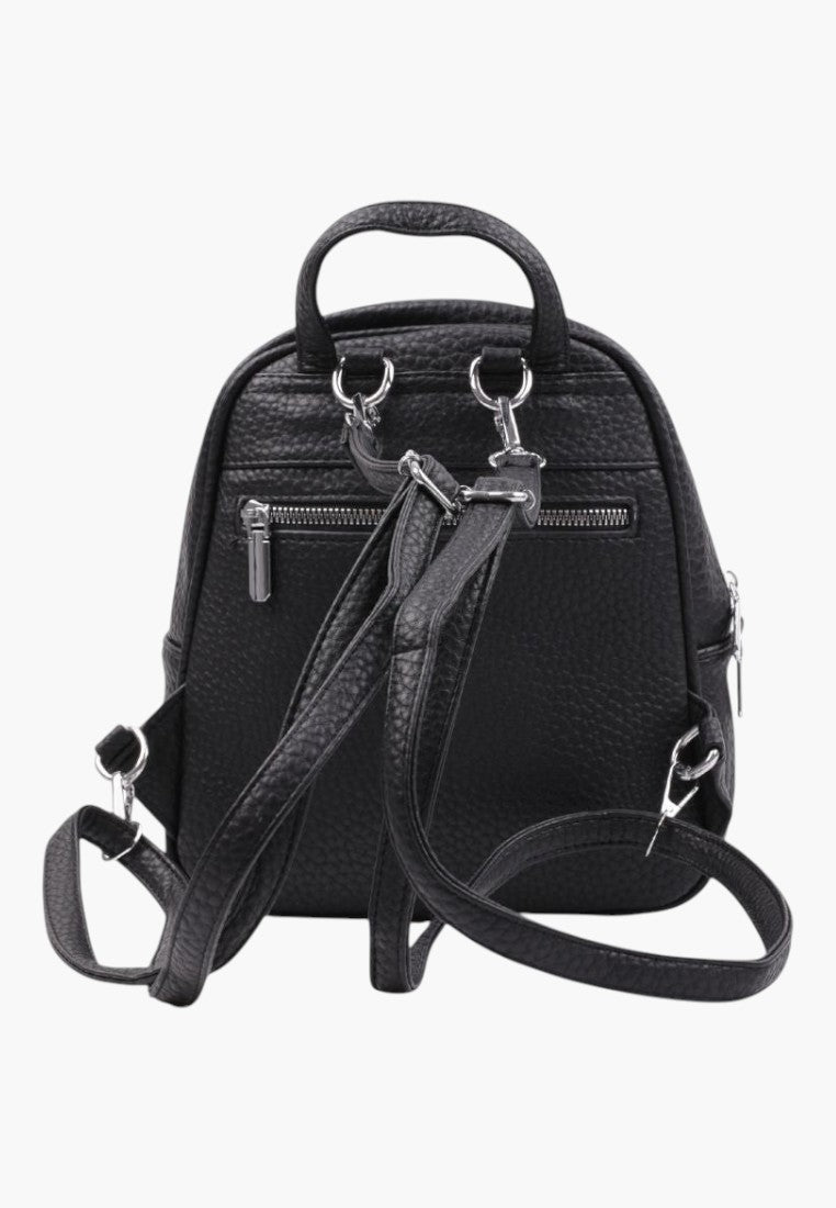 Falio black faux leather urban mini backpack with adjustable straps and zippered back pocket