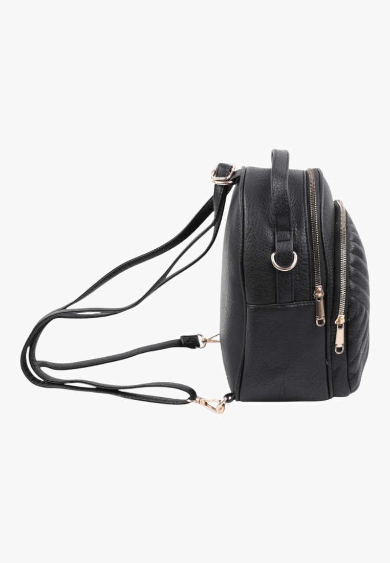Falio black faux leather urban mini backpack with quilted side detail, adjustable straps, and gold zipper closures.