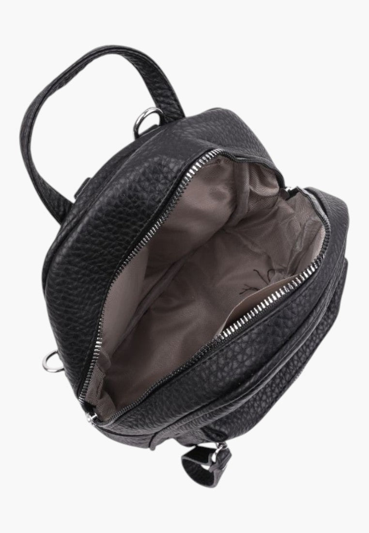 Falio black faux leather urban mini backpack with a zippered main compartment and top handle