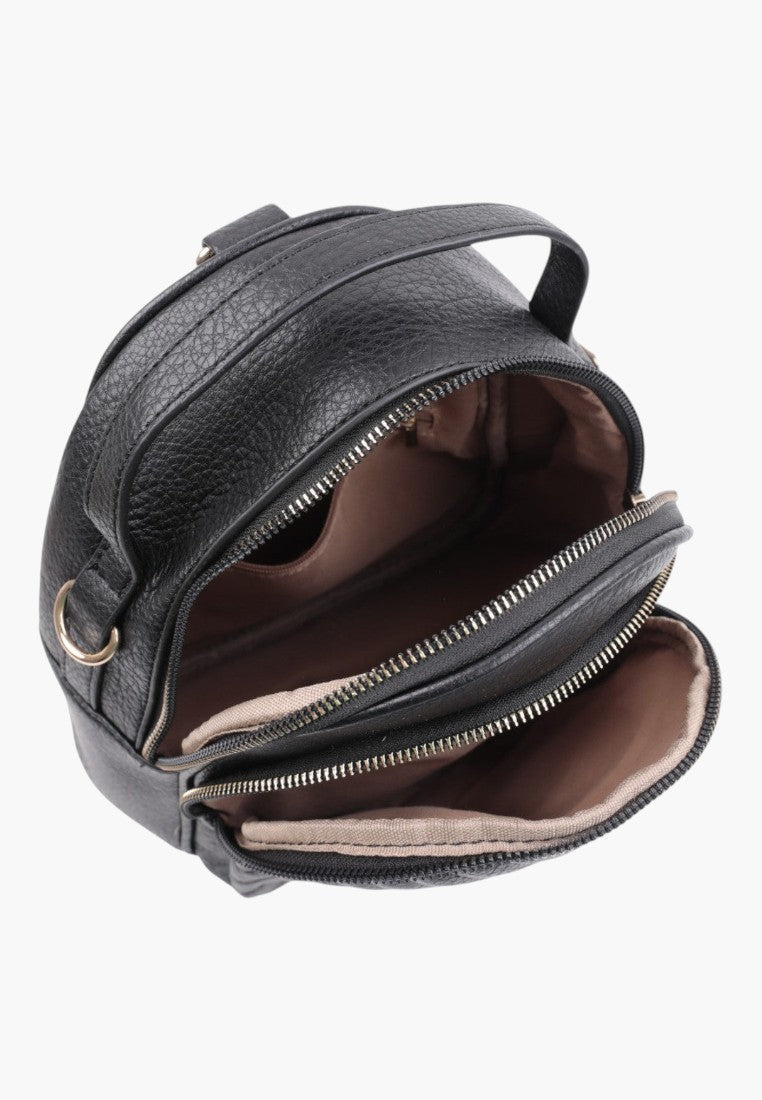 Falio black faux leather urban mini backpack with two zippered compartments and gold hardware