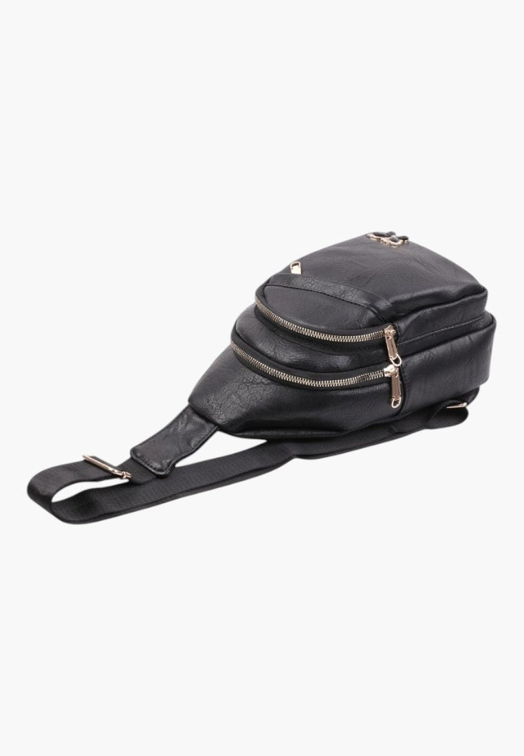Falio black faux leather urban sling backpack with multiple zippered compartments for daily use