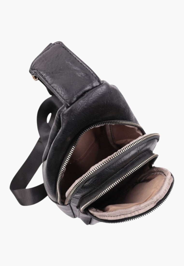 Falio black faux leather urban sling backpack with multiple zippered compartments and adjustable shoulder strap