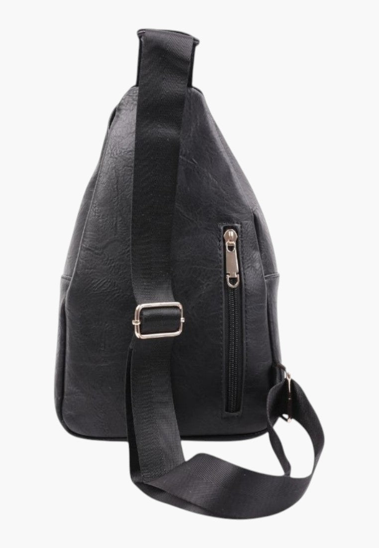 Falio black faux leather urban sling backpack with adjustable strap and zippered pockets for daily use