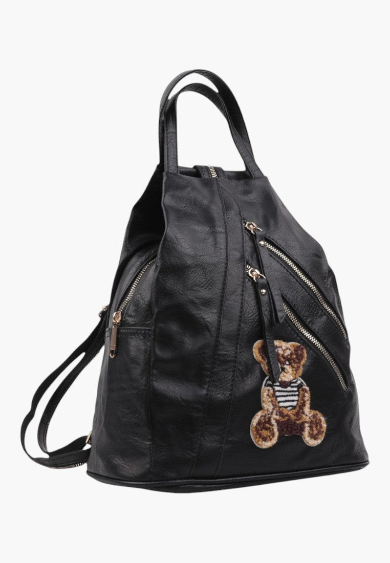 Falio black faux leather urban backpack with multiple zippered pockets and a cute teddy bear patch design