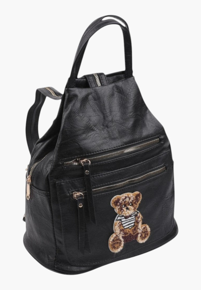 Falio black faux leather urban backpack featuring a cute teddy bear patch and multiple zippered pockets
