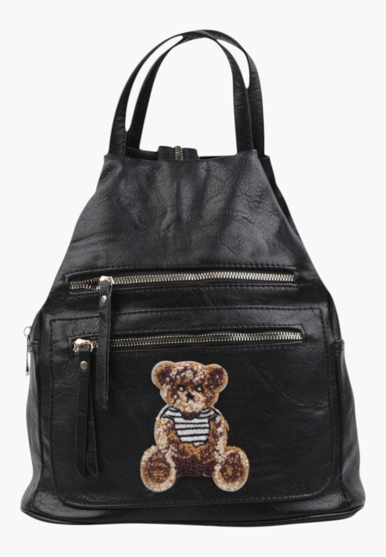 Falio black faux leather urban backpack with a cute teddy bear patch and multiple zippered pockets