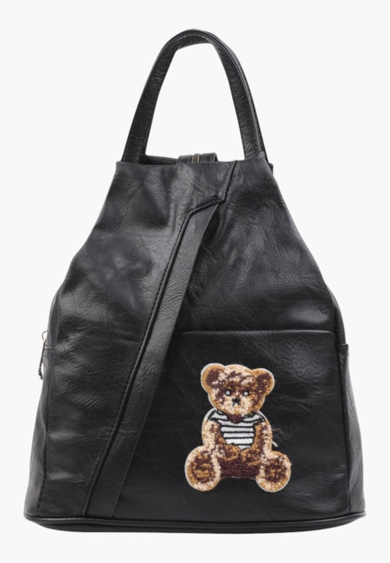 Falio small black faux leather urban backpack featuring a cute embroidered teddy bear patch and zipper closure