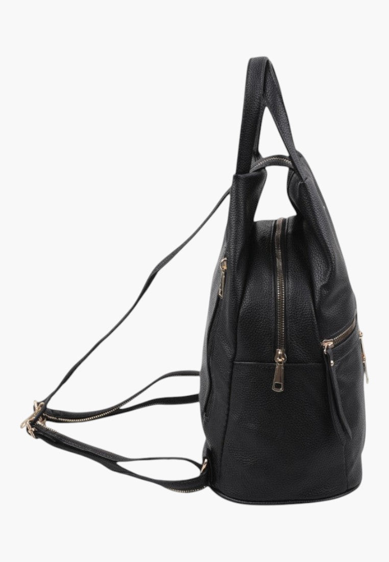 Falio black faux leather urban backpack with side view, featuring gold zippers and adjustable straps