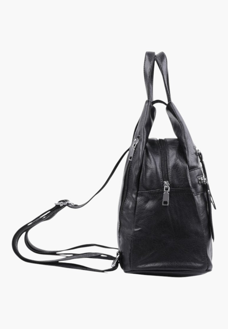 Falio black faux leather urban backpack with top handles and adjustable straps, side view