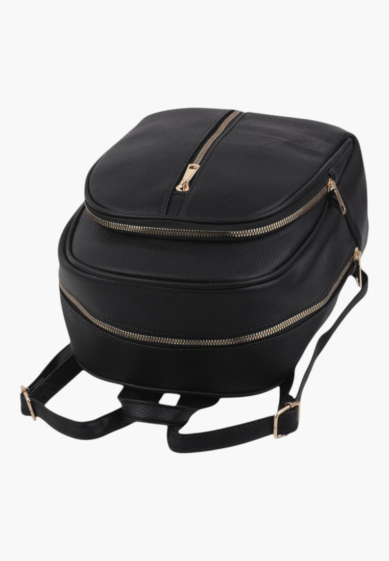 Falio black faux leather urban backpack with gold zippers and adjustable straps for school or daily travel
