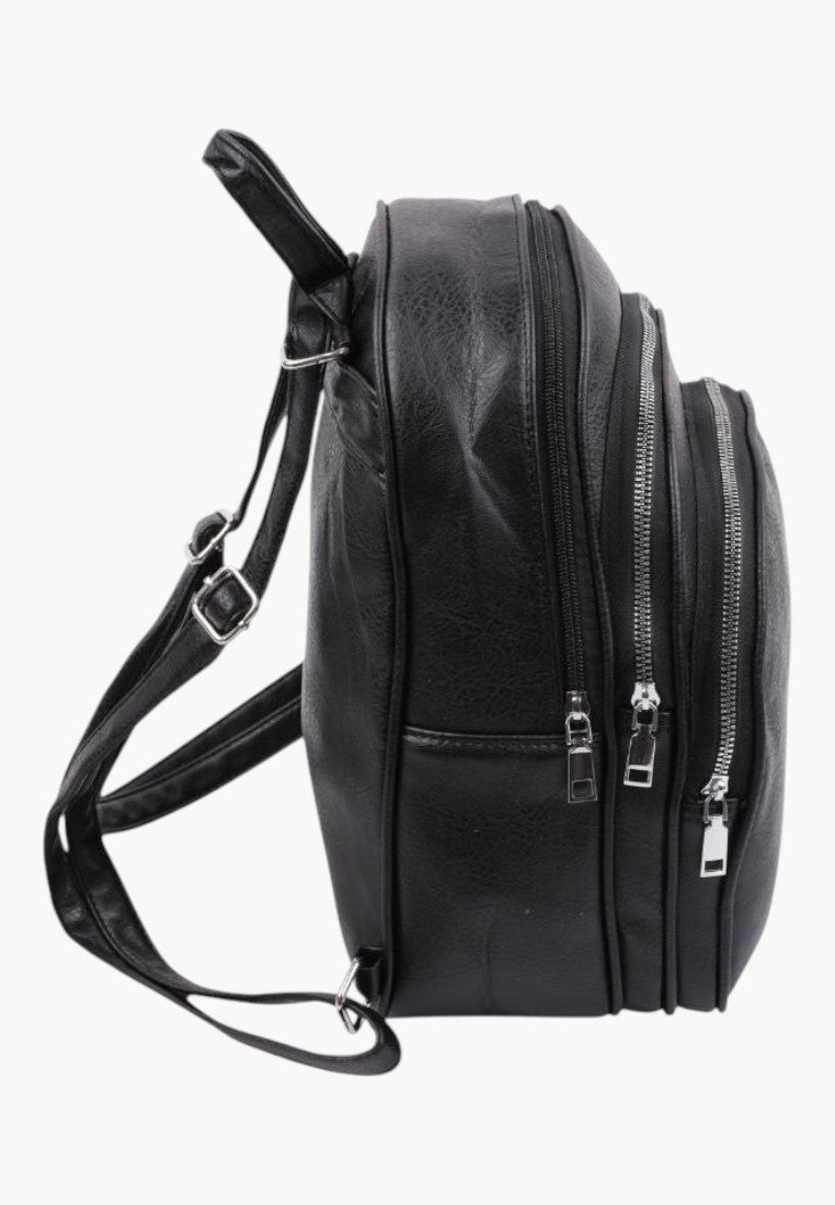 Falio black faux leather urban backpack with multiple zippered compartments and adjustable straps, side view
