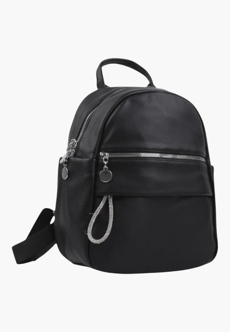 Falio black faux leather urban backpack with silver zipper details and a decorative crystal-embellished pull tab