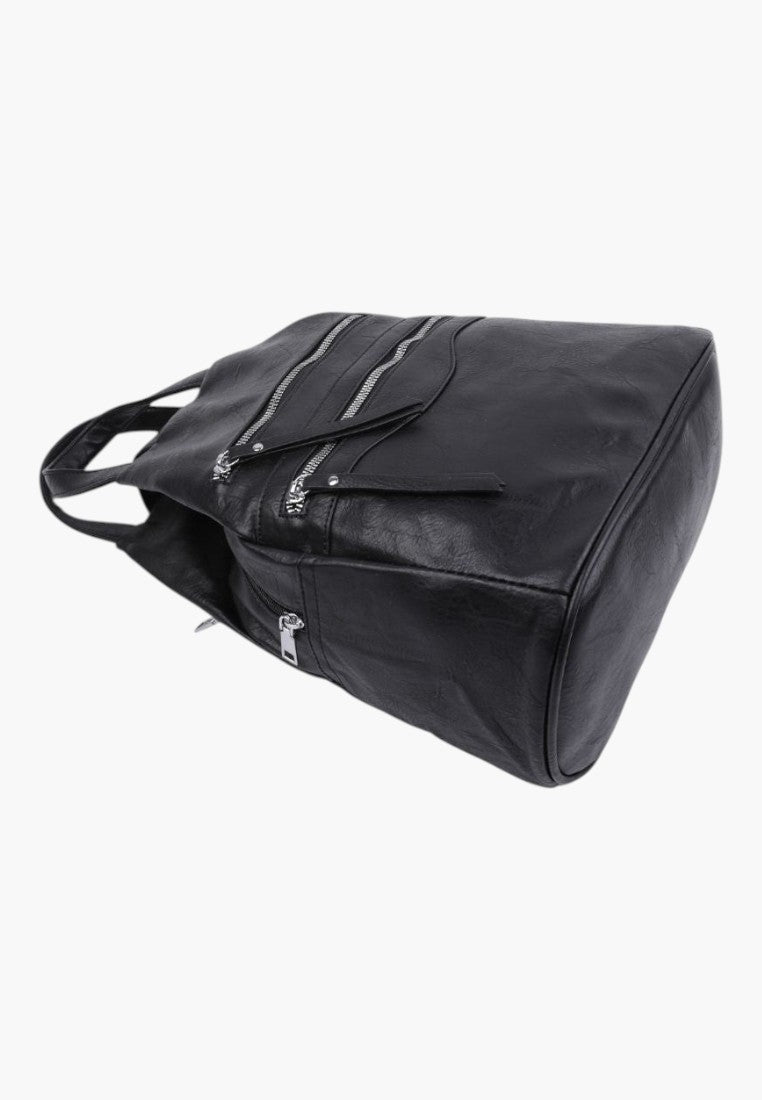 Falio black faux leather urban backpack with multiple silver zippered pockets and spacious 16L capacity
