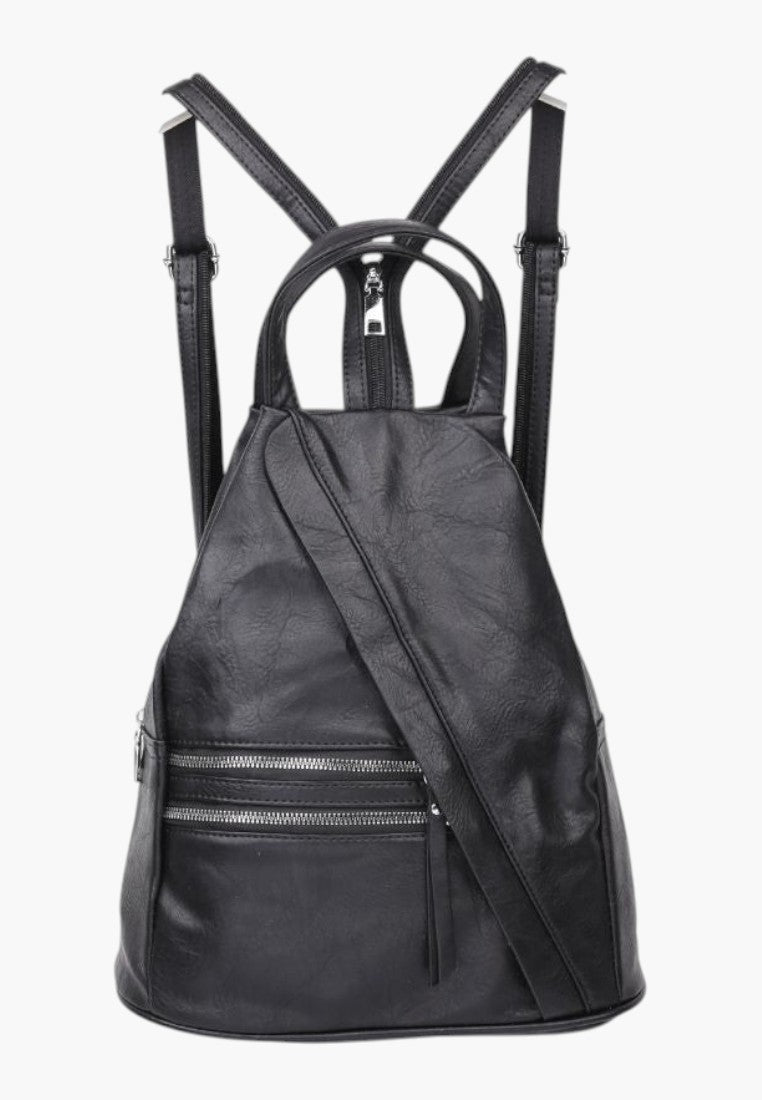 Falio black faux leather urban backpack with multiple zippered pockets and adjustable straps for women