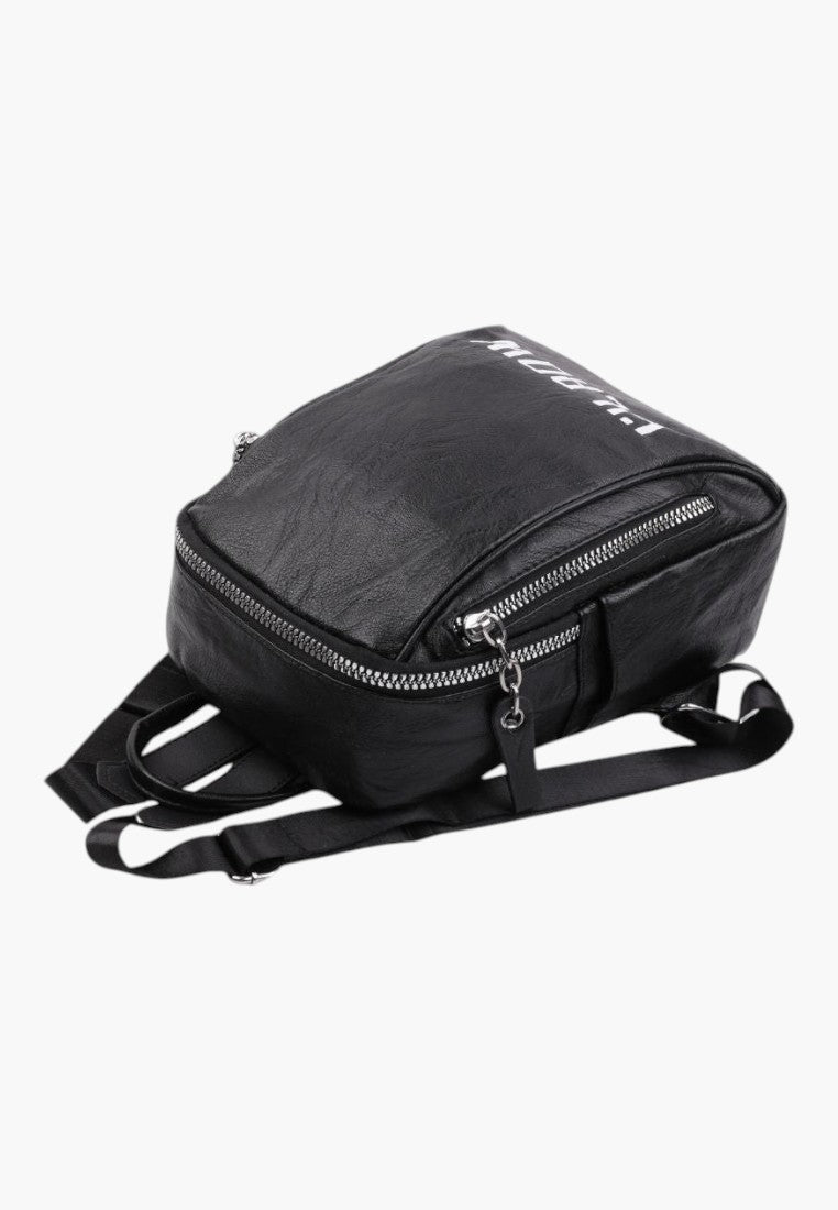 Falio black faux leather urban backpack with silver zippers and white graphic detail on the top flap