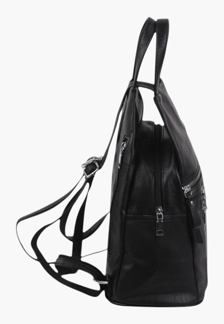 Falio black faux leather urban backpack with multiple zippered pockets and adjustable straps, side view