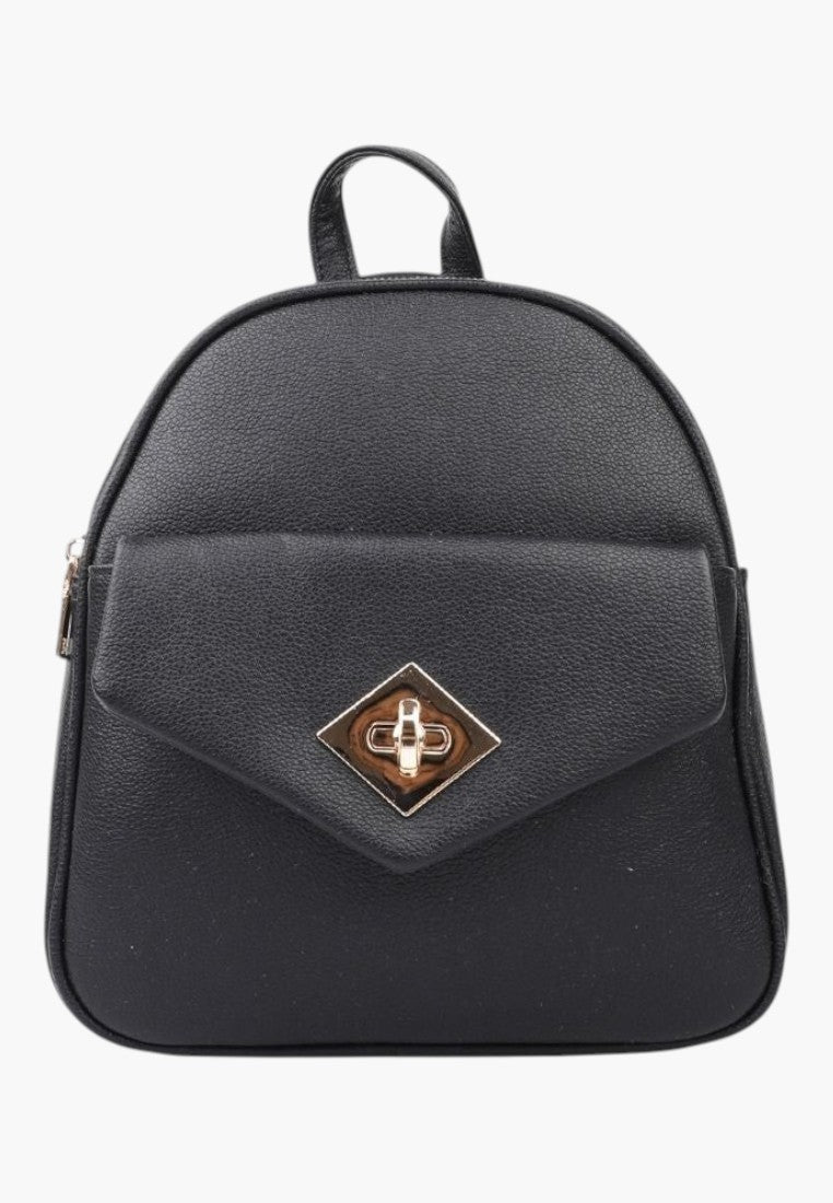 Falio black faux leather urban backpack with gold hardware and a front flap closure