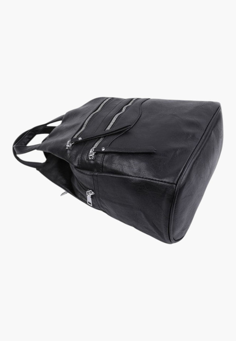 Falio black faux leather urban backpack with multiple zippered pockets and a spacious 16L capacity
