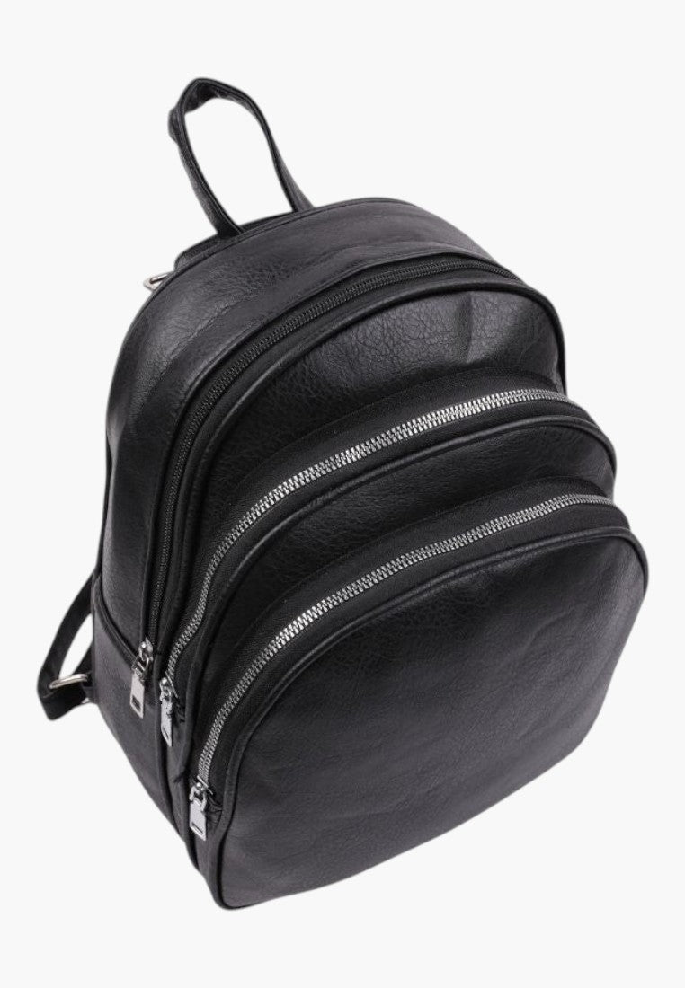 Falio black faux leather urban backpack with multiple zippered compartments and a spacious A4-compatible design.