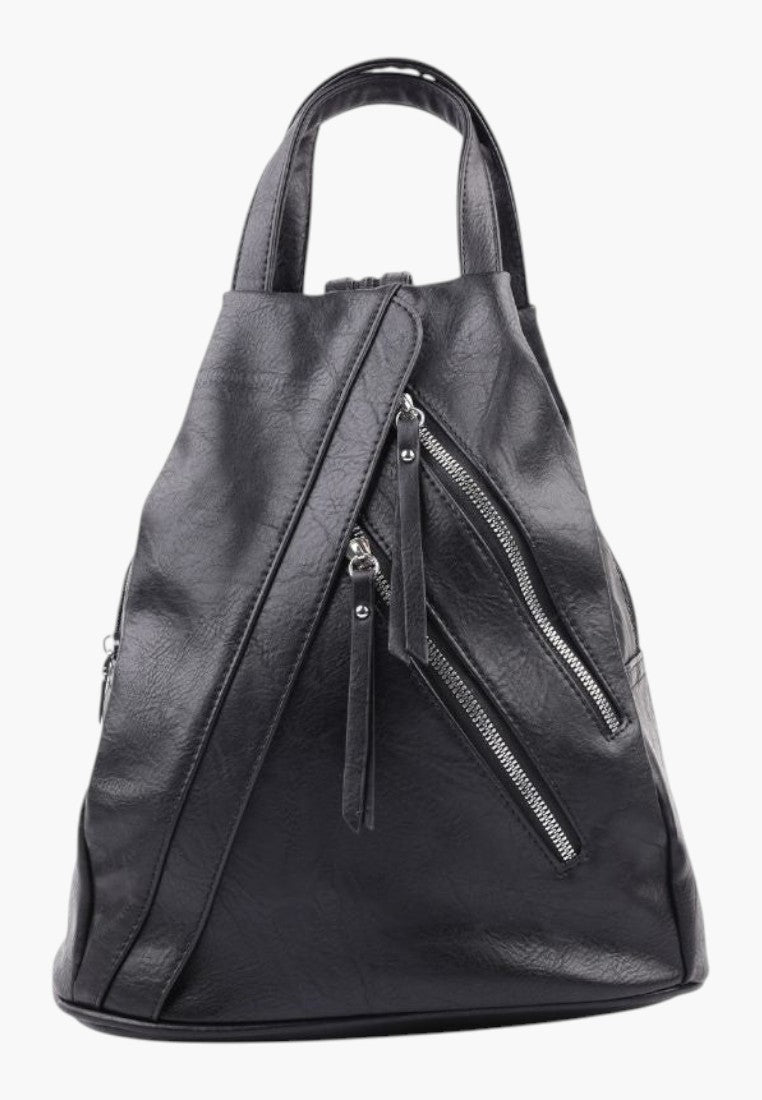 Falio black faux leather urban backpack with multiple zippered compartments and a top handle for women