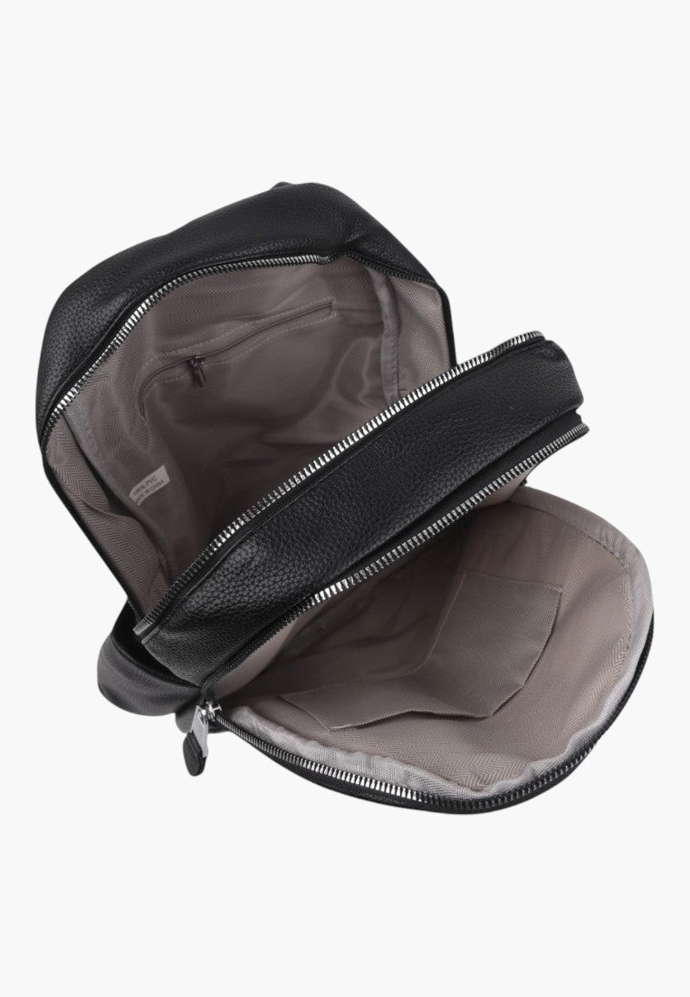 Falio black faux leather urban backpack with open zippered compartments and grey interior lining