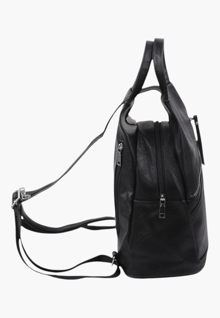 Falio black faux leather urban backpack with side view, featuring multiple zippered pockets and top carry handles