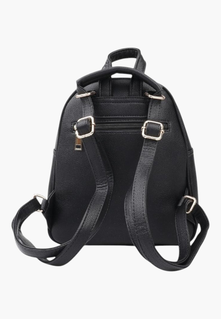 Falio black faux leather urban backpack with adjustable straps and back zipper pocket, rear view
