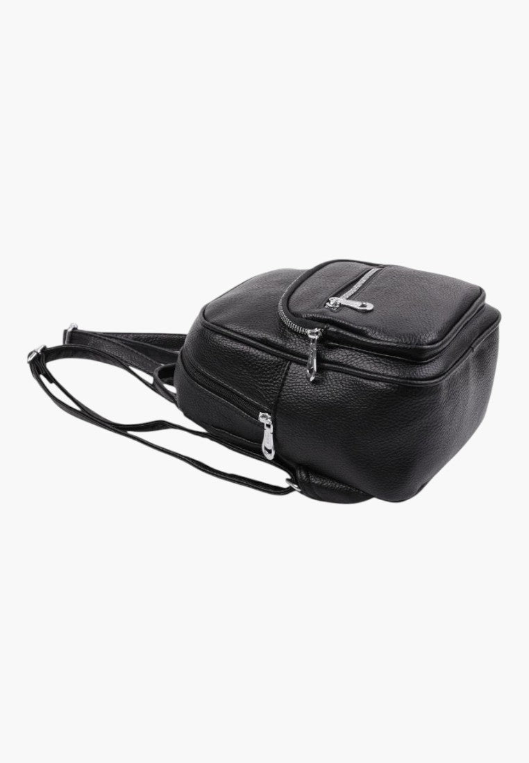 Falio small black faux leather urban backpack with multiple zippered pockets and adjustable straps