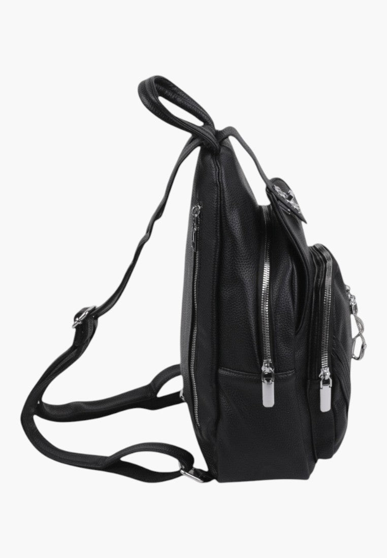 Falio black faux leather urban backpack with multiple zippered pockets and adjustable straps, side view
