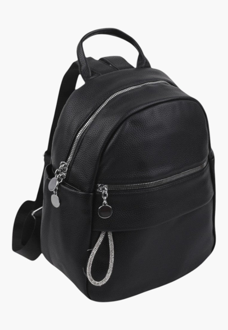 Falio black urban faux leather backpack with silver zippers and decorative pull tabs for daily use