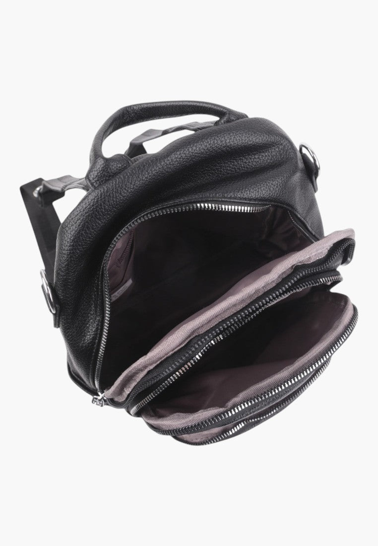 Falio black faux leather urban backpack with multiple zippered compartments and spacious interior for daily use