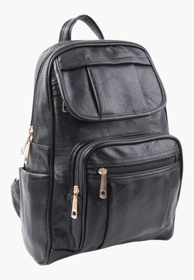Falio black faux leather urban backpack with multiple zippered pockets and gold hardware for daily use