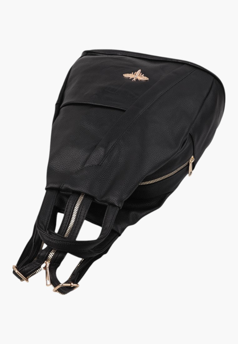 Falio black faux leather urban backpack with a gold bee emblem and zippered compartments for daily use.