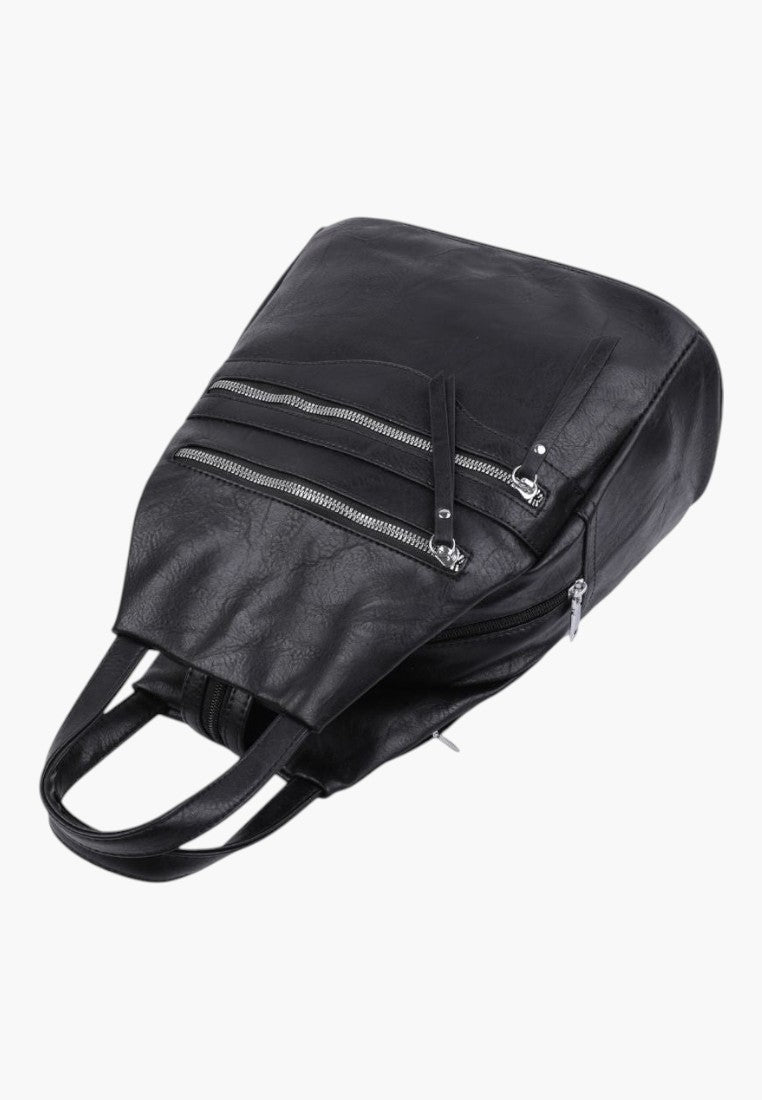 Falio black faux leather urban backpack with multiple zippered pockets and top handles for women