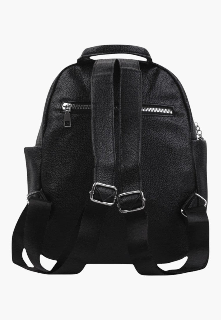 Falio black faux leather urban backpack with adjustable straps and zippered back pocket for daily use