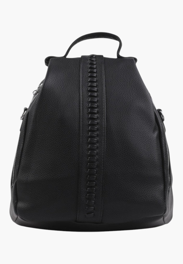 Falio black faux leather urban backpack with a decorative central braided detail and zipper closures