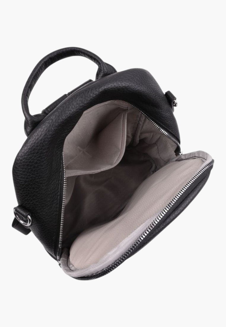 Falio women's black faux leather urban backpack with open main compartment and interior pockets