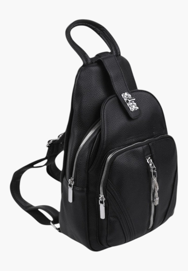 Falio black faux leather urban backpack with multiple zippered pockets and a compact design for daily use.