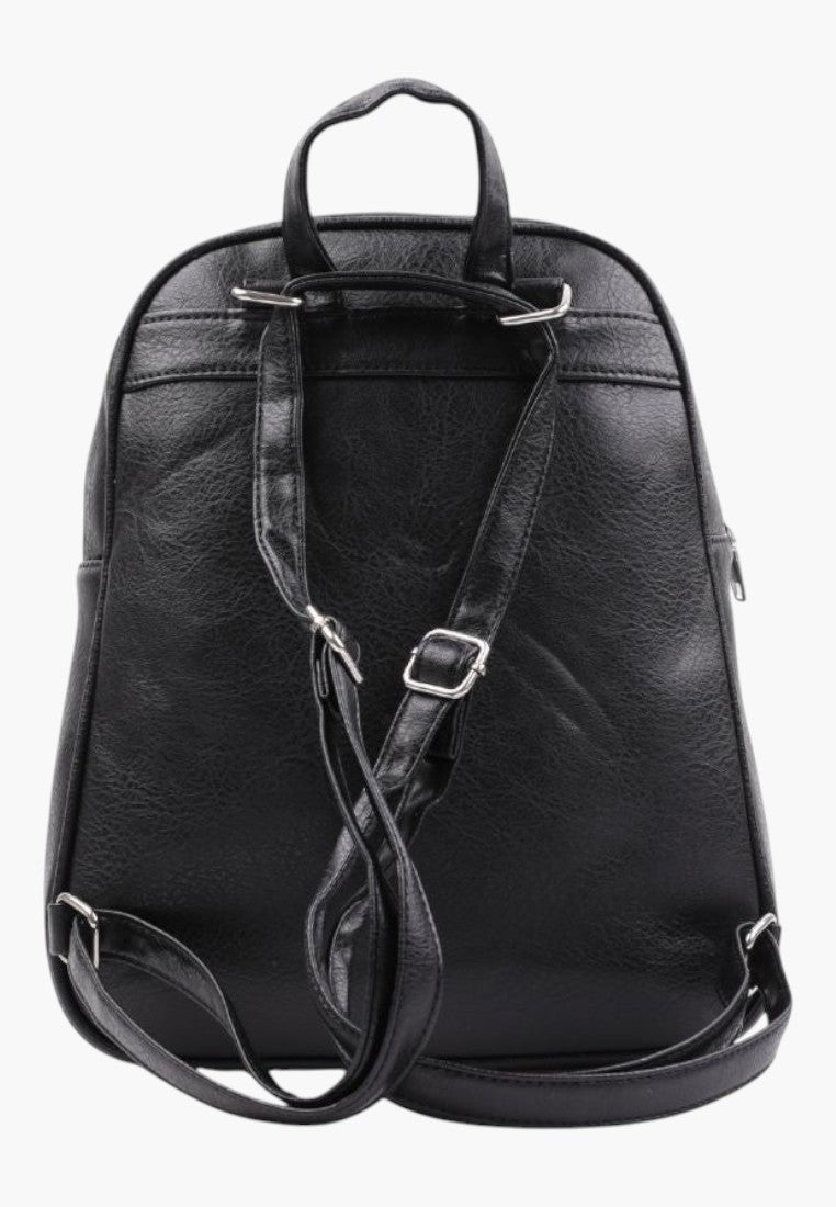 Falio black faux leather urban backpack with adjustable straps and zip closure, back view